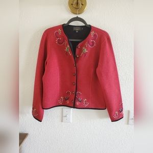 Icelandic Design Cardigan Sweater Jacket Red Wool Embroidered Unlined Sz small